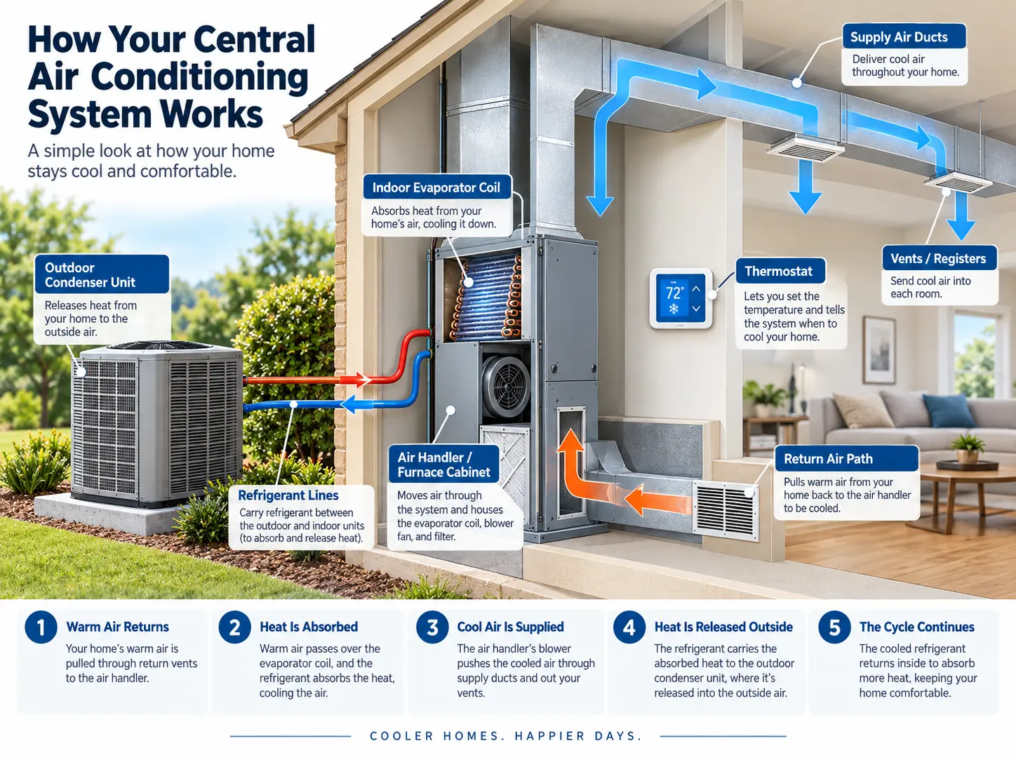 Diagram showing how a central air conditioning system moves heat from indoor air to the outdoor condenser