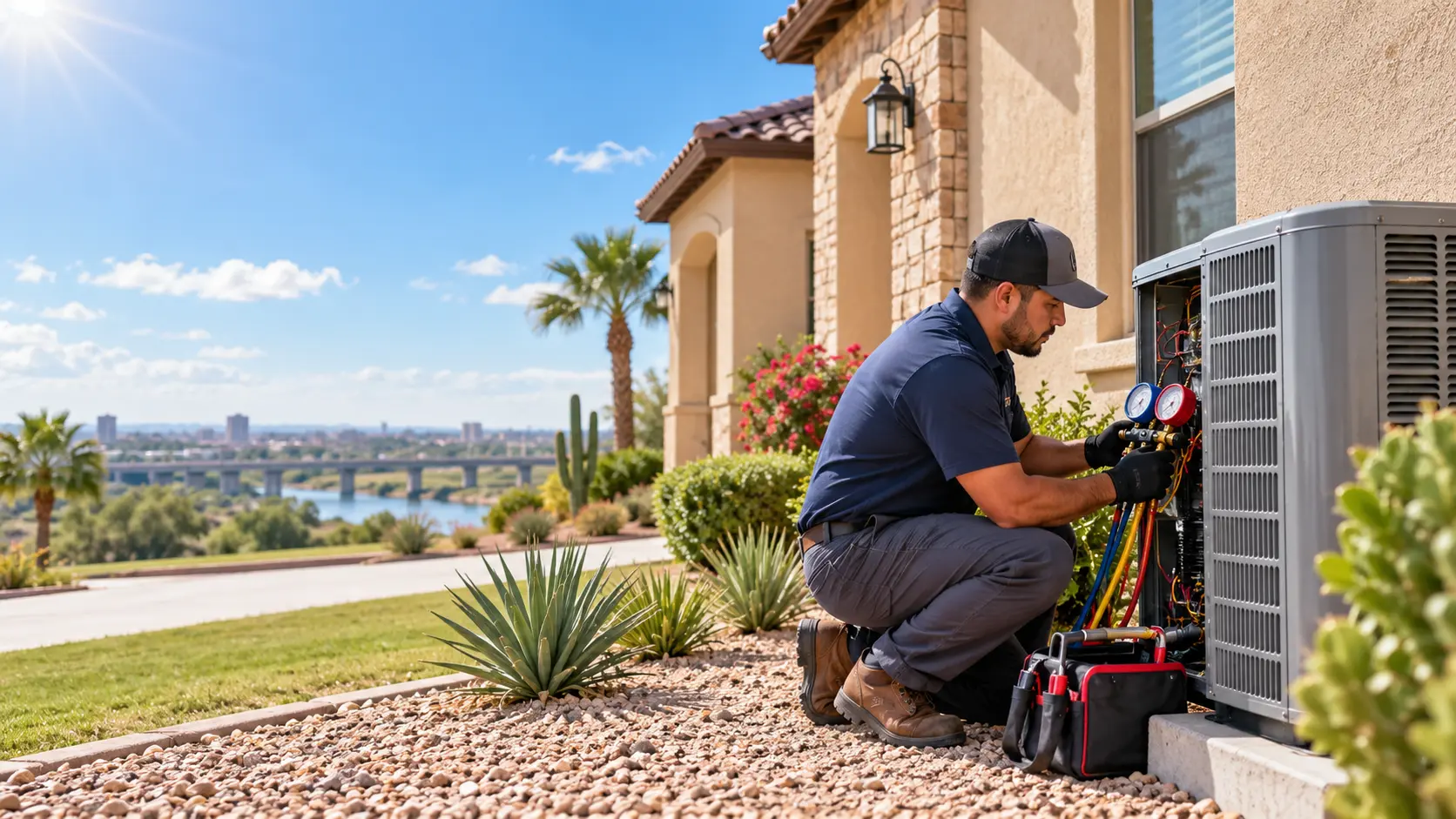 HVAC technician checking refrigerant pressures at an outdoor condenser unit outside a Laredo home